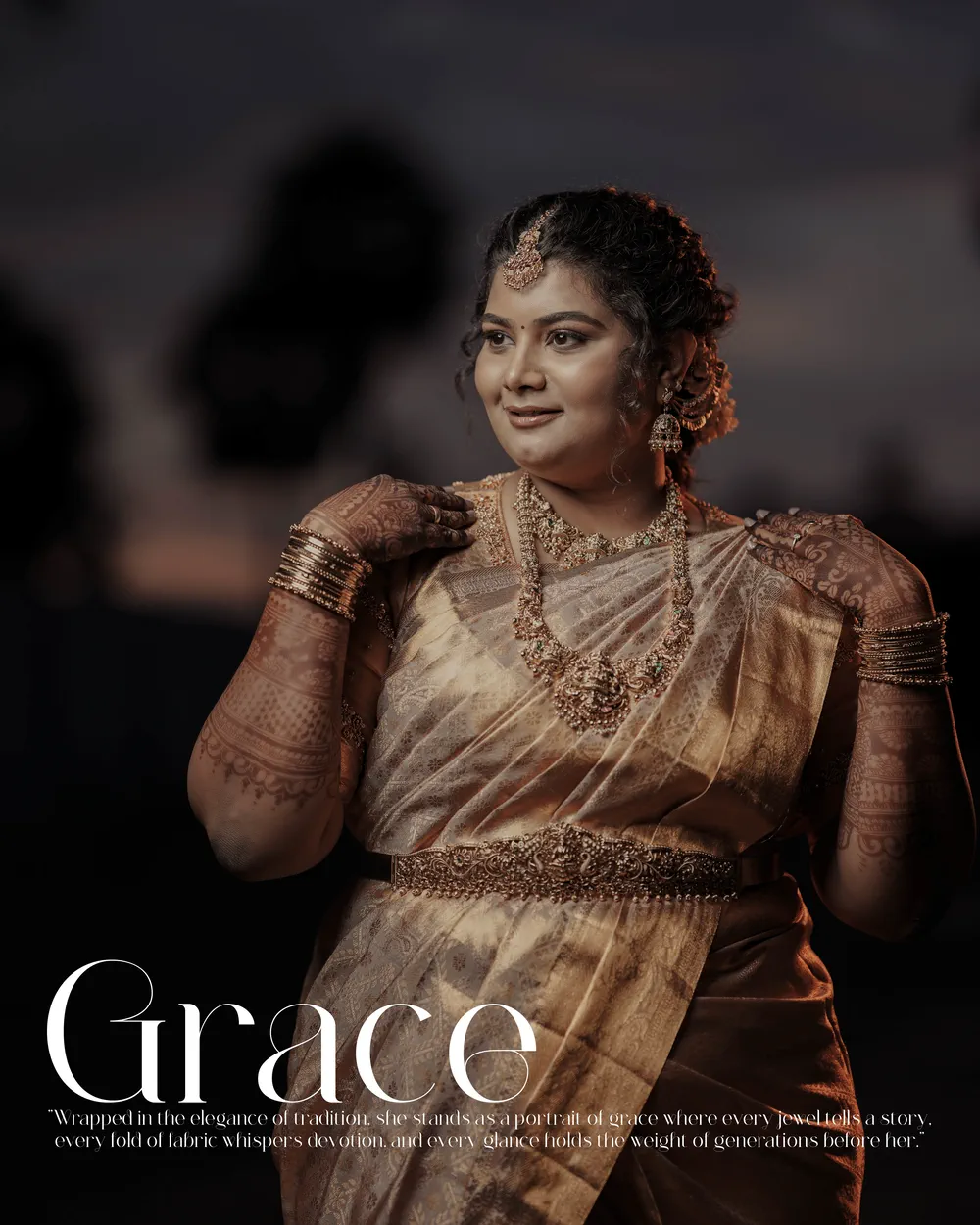 Bride in gold under low evening light