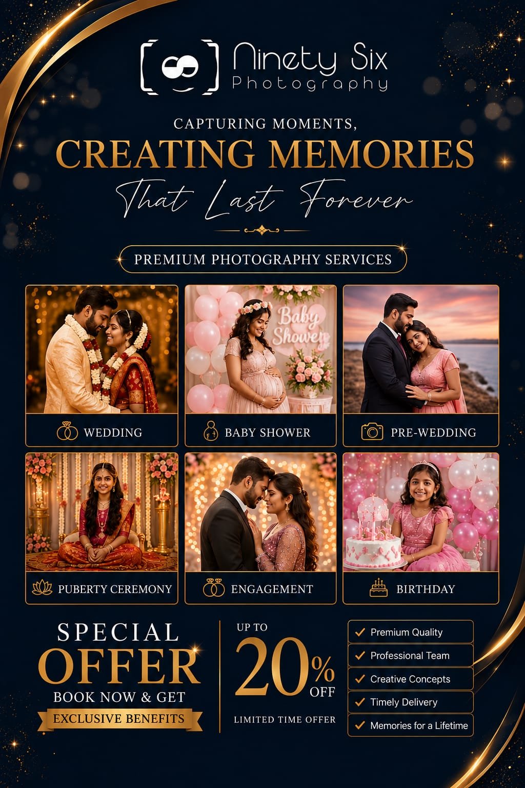 Ninety Six Photography — premium photography services for weddings, baby showers, pre-weddings, puberty ceremonies, engagements and birthdays. Special offer: book now and get up to 20% off, limited time.
